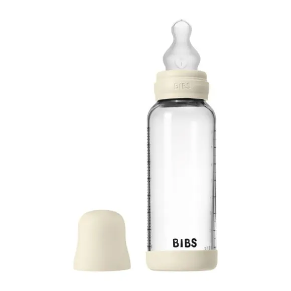 BIBS Fles - Medium Flow - Ronde Speen - 240 ml - Glas/Silicone - Ivory