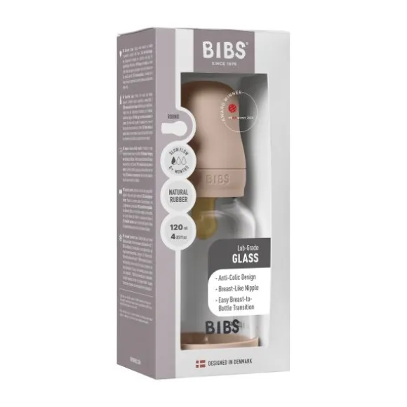 BIBS Fles - Slow Flow - Ronde Speen - 120 ml - Glas/Latex - Baby Blue