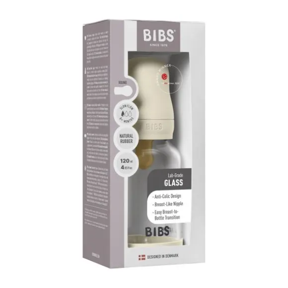 BIBS Fles - Slow Flow - Ronde Speen - 120 ml - Glas/Latex - Baby Blue
