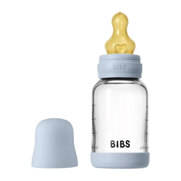 BIBS Fles - Slow Flow - Ronde Speen - 120 ml - Glas/Latex - Baby Blue