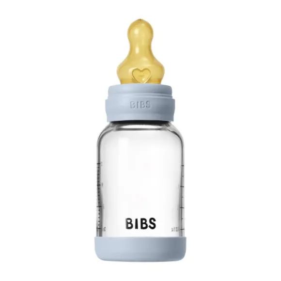 BIBS Fles - Slow Flow - Ronde Speen - 120 ml - Glas/Latex - Baby Blue
