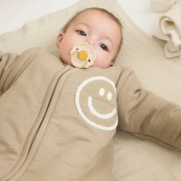 Meyco Baby Slaapzak Met Afritsbare Mouwen Slub Met Smile Applicatie Taupe / Offwhite 90 cm