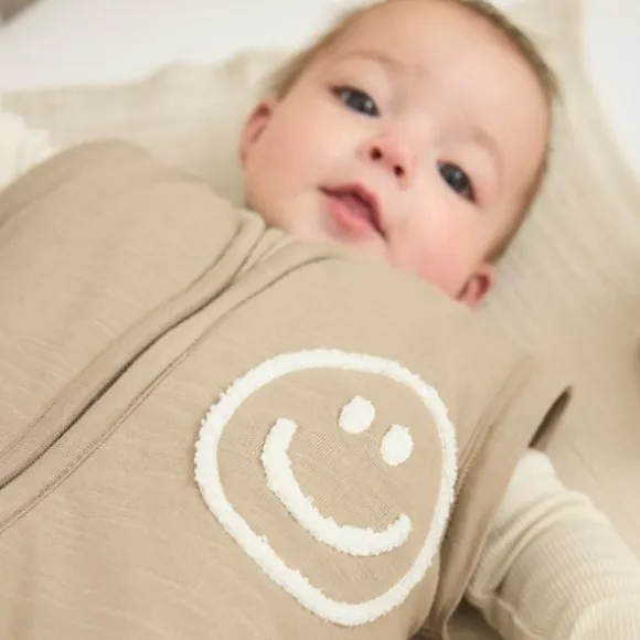 Meyco Baby Slaapzak Met Afritsbare Mouwen Slub Met Smile Applicatie Taupe / Offwhite 90 cm
