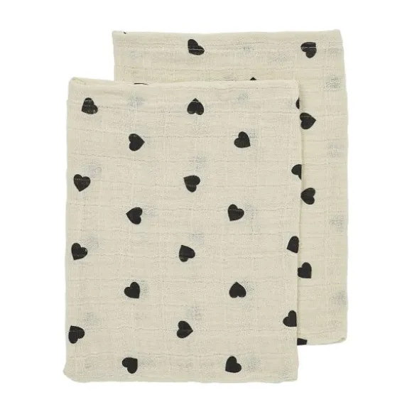 Meyco Baby Washandjes - Sweet Heart - 2-pack - Soft Sand/Black - 20x17 cm